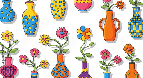 Vibrant cartoon illustration featuring a delightful collection of colorful flowers arranged in decorative patterned vases.