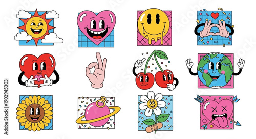 A collection of retro cartoon stickers featuring various expressive characters like a sun, hearts, smiley face, cherries, earth, and flowers in a groovy pop art style.