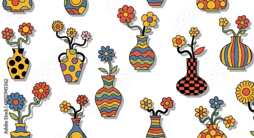 A vibrant, retro-inspired seamless pattern featuring colorful flowers in groovy, patterned vases on a white background.
