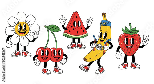 Retro cartoon characters of fruits and a flower with happy faces and expressive gestures.