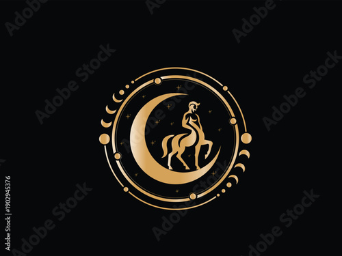 Golden Sagittarius constellation zodiac symbol on a black background with crescent moon and stars, elegant astrological sign for horoscope and mystical themes.