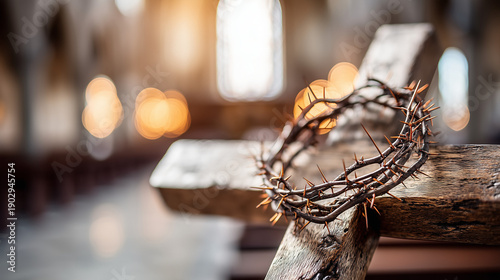 Good Friday, Wooden Cross with Crown of Thorns on Altar Representing Sacrifice, Suffering, and Redemption During Good Friday Observance