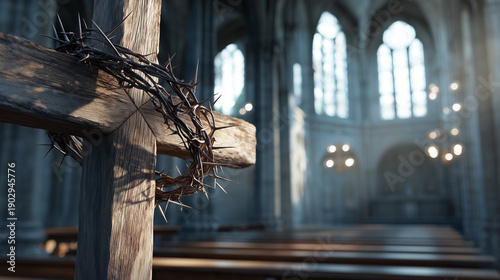 Good Friday, Crown of Thorns on Wooden Cross Inside Church Symbolizing Sacrifice, Suffering, and Redemption on Good Friday