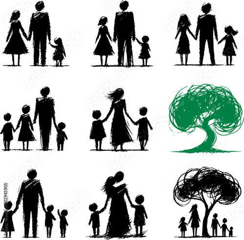 Hand-drawn family silhouettes set: parents and children with trees. Artistic ink sketch style for genealogy and family tree concepts.