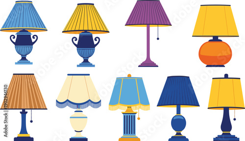 Decorative table lamp set with classic and modern styles, colorful lampshade designs, elegant vector illustration collection for interior decor, lighting concepts and home design projects