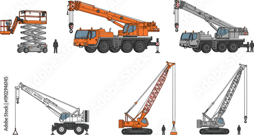 Construction crane and lifting equipment set including mobile, crawler and scissor lift machines, detailed industrial vector illustration collection for 