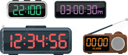 Digital alarm clock collection showing LED time displays, modern electronic clocks and retro radio alarm, isolated on white background, flat vector illustration