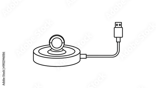 A minimalist line art drawing of a smartwatch wireless charging dock with a USB cable