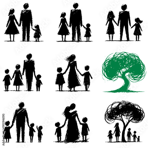 Hand-drawn family silhouettes set: parents and children with trees. Artistic ink sketch style for genealogy and family tree concepts.