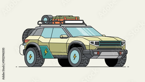 Modern Electric Off-Road Adventure Vehicle Illustration with Roof Rack and Spare Tire Ready for