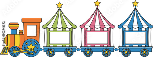 Colorful Cartoon Train with Circus Tents and Star Decorations untitled illustration