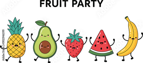 Cute cartoon fruits with faces and arms having a party on white background Keywords: fruits, party, pineapple, avocado