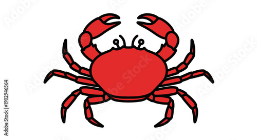 A simple, cartoon-style illustration of a vibrant red crab with prominent claws on a plain white background.
