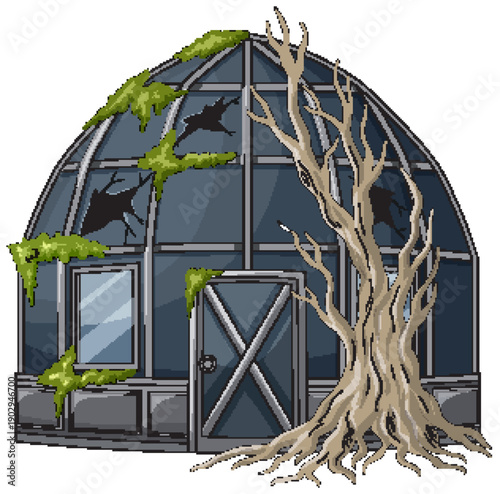 Abandoned Glass Greenhouse Overgrown With Moss and Dead Tree