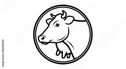 A black and white line art illustration of a cow's head and udder in profile, enclosed within a circular frame, depicting a dairy animal.