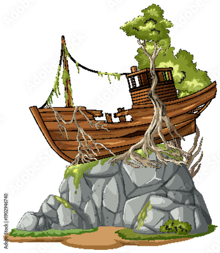 Abandoned Wooden Shipwreck Entwined with Roots on Rock