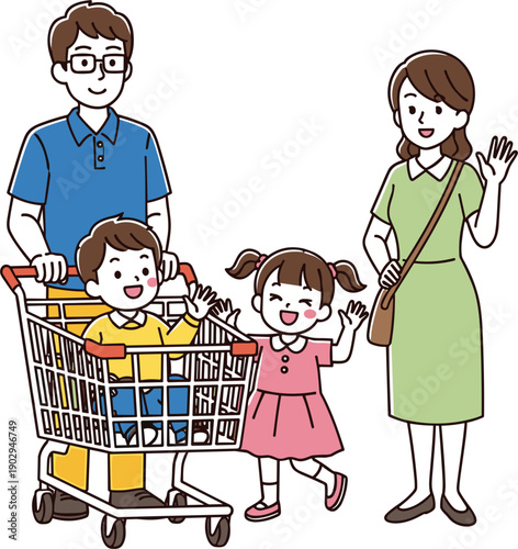 Family of four with parents pushing a shopping cart with two children inside on a white background daughter