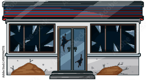 Abandoned Storefront With Broken Glass Windows Vector Illustration