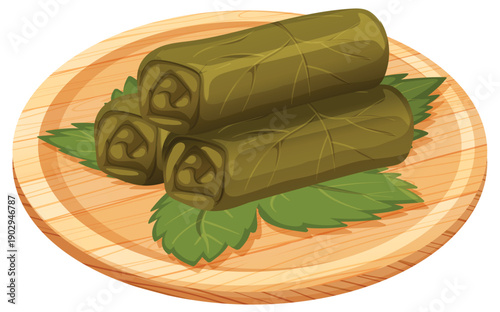 Stuffed Grape Leaves on Wooden Plate Vector Illustration