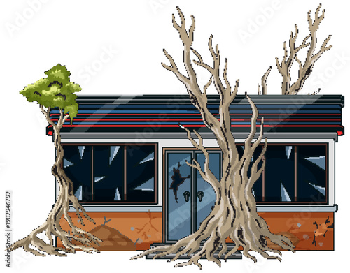 Abandoned Diner Overgrown With Large Creeping Tree Roots