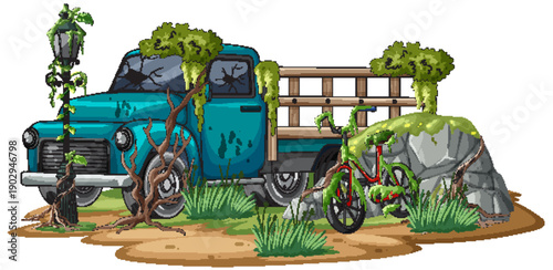 Abandoned Truck and Bicycle Overgrown with Vegetation