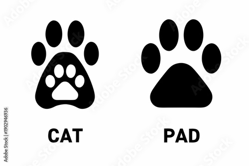 Black cat paw prints with text labels cat and pad below