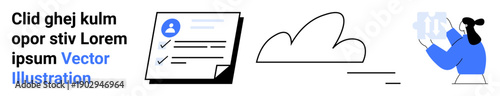 Identity verification, cloud storage, teamwork, document processing, technology, digital workspace. A person analyzing data with document, cloud and icons. Identity verification and cloud storage