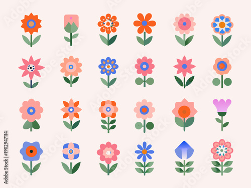 Colorful stylized flower arrangements in a grid pattern