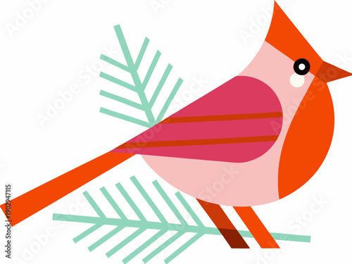 Stylized northern cardinal perched on a branch brightly colored illustration