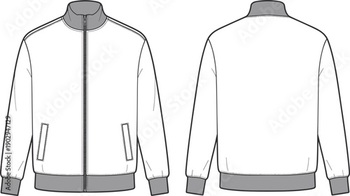 Front and Back View of a White Track Jacket with Grey Accents bomber jacket outerwear