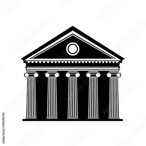 A black and white illustration of a classical building with columns and a triangular pediment.