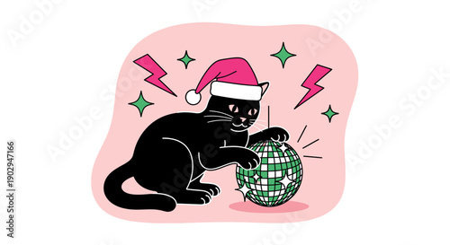 A black cat wearing a Santa hat plays with a disco ball surrounded by lightning bolts and stars.