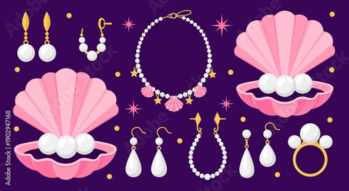 A collection of elegant pearl jewelry, including necklaces, earrings, and rings, displayed with open oyster shells on a purple background.