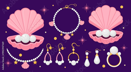 A collection of elegant pearl jewelry, including necklaces, earrings, and rings, displayed within decorative pink shells against a dark purple background with sparkling stars.