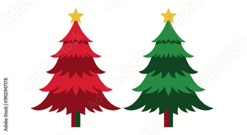 Two stylized Christmas trees, one red and one green, each adorned with a yellow star at the top, presented against a white background.