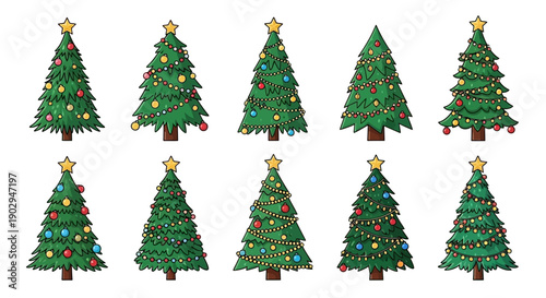 A collection of ten beautifully decorated Christmas trees, each adorned with ornaments and a star on top, presented in two rows against a white background.