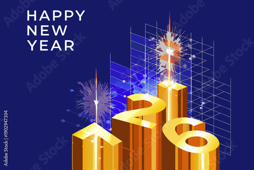 Festive new year graphic with fireworks and golden numbers on blue