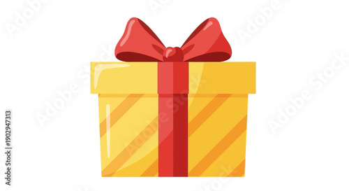 A bright yellow gift box with diagonal stripes, adorned with a vibrant red ribbon and bow.