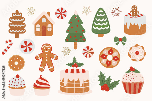 Festive collection of illustrated gingerbread treats and winter sweets