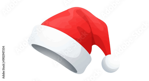 A classic red Santa hat with a white fluffy trim and a white pom-pom on the tip, presented against a plain white background.