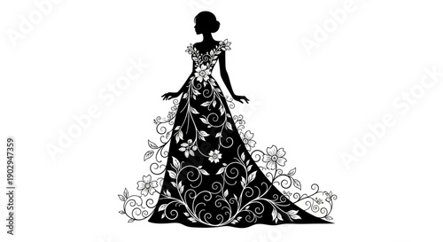 Elegant Silhouette of a Woman in a Floral Gown with Cascading Vines.