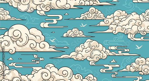 A vibrant, stylized illustration of fluffy white clouds against a bright teal sky, with subtle hints of birds in flight.