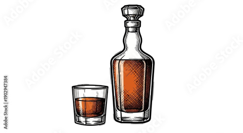 A hand-drawn illustration of a decanter and a shot glass filled with amber liquid, likely whiskey or bourbon.