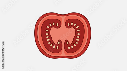 Vibrant cartoon style tomato slice illustration with exposed seeds and juicy flesh on a clean