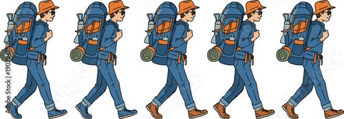 Seamless pattern of hikers with backpacks walking in a line on white background Keywords: hikers, backpackers, walking, line