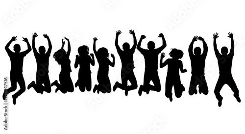 Silhouettes of a group of diverse people jumping in the air with arms raised, expressing joy and celebration on a white background.