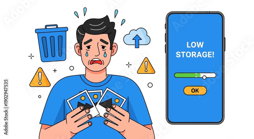 Distressed man crying with torn photos, facing a smartphone displaying a "LOW STORAGE!" warning message.