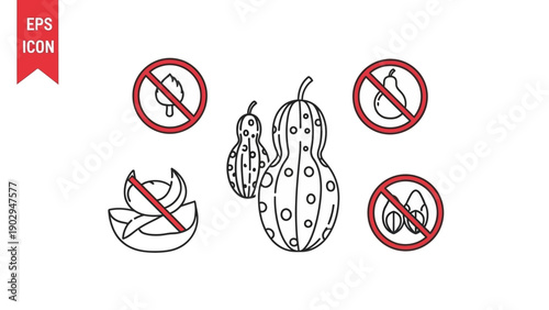 Vector illustration for food allergy warnings and dietary restrictions with forbidden items and