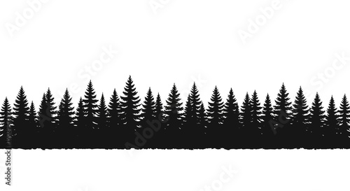 Black silhouette of a dense pine forest line against a white background, representing a natural landscape.