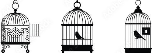 Three black silhouette bird cages with birds on white background Keywords: bird cage, silhouette, black, white background